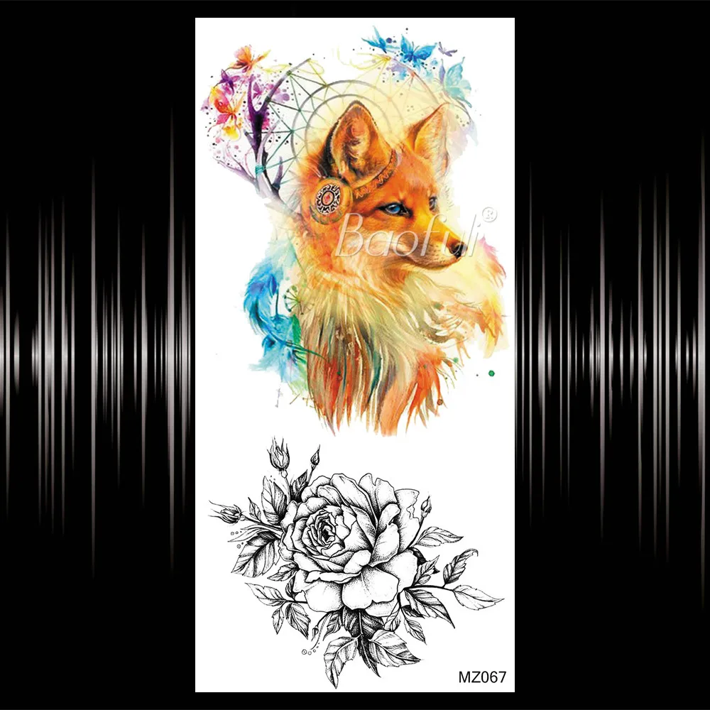 Временная татуировка Watercolor Fox Flash с розовыми цветами для женщин на руку или ногу.