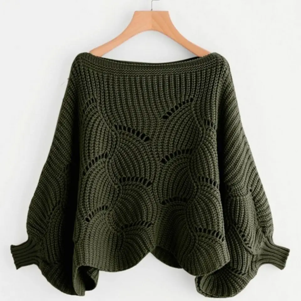 

Slash Neck Knitted Women Sweater Pullovers Winter 2021 Hollow Out Batwing Sleeved Loose Female Pulls Outwear Coats Tops