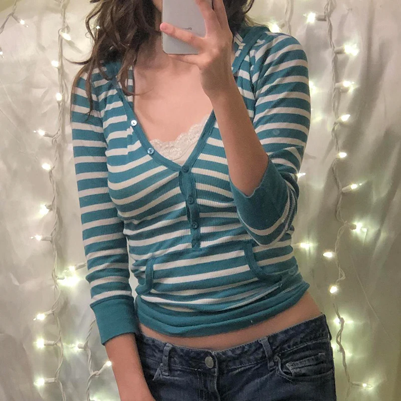 

Y2K осенний Повседневный укороченный топ, толстовки с карманами, пуговицами и длинными рукавами, облегающая футболка, женские полосатые трик...