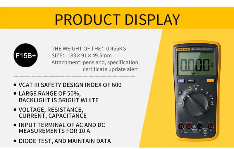 Fluke 15B+ цифровой мультиметр с автоматическим диапазоном 4000 отсчетов переменного/постоянного напряжения Измеритель сопротивления тока Емкость тестер частоты Fluke