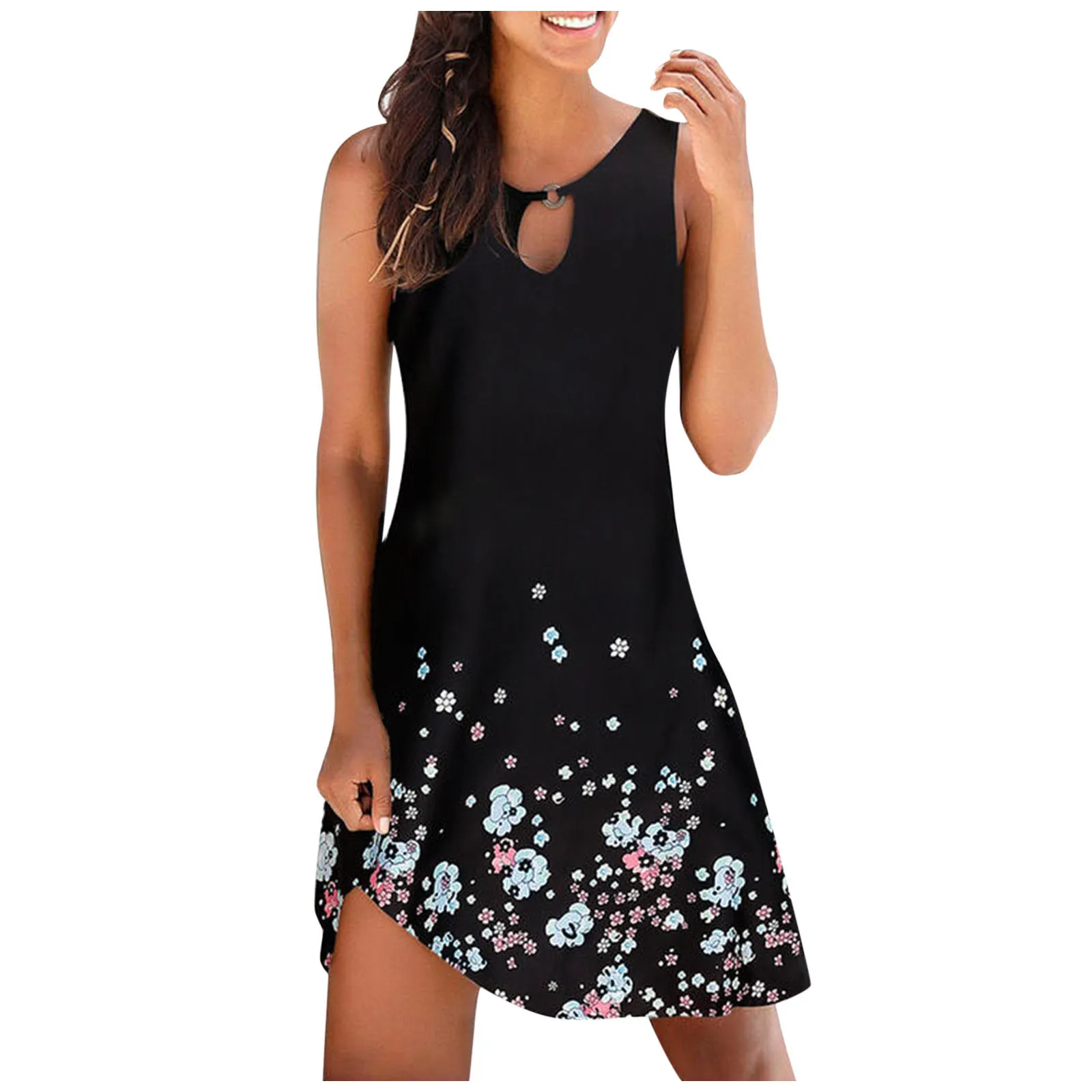

Sexy Women Summer Flower Print Pencil Dress Patchwork Design O-Neck Sleeveless High Waist Camouflage Print Slim Hips Mini Dress