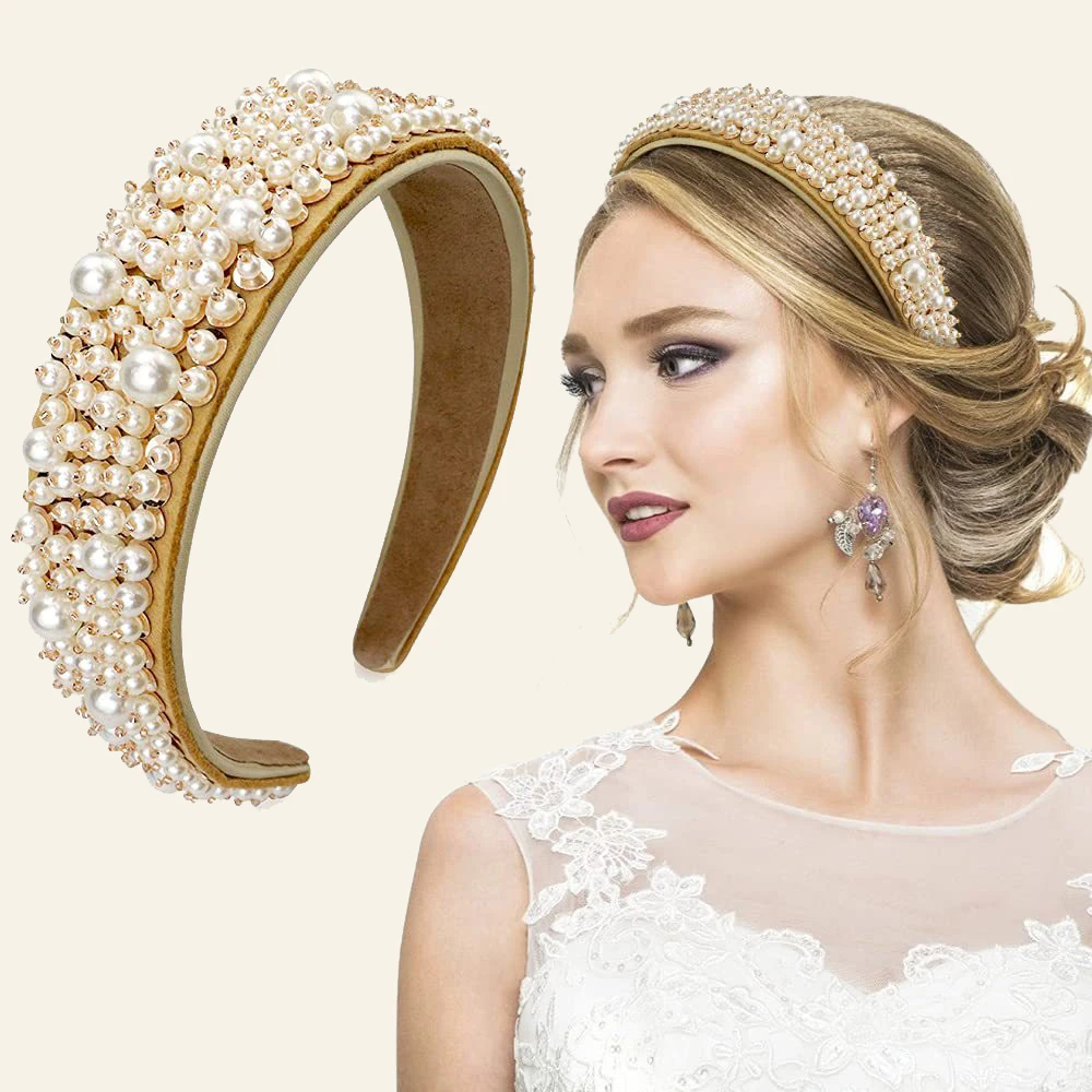 

Luxury Women Baroque Headband Full Crystal Pearls Hairbands Sparkly Padded Rhinestones HeadBands Headdress Hair Accessories
