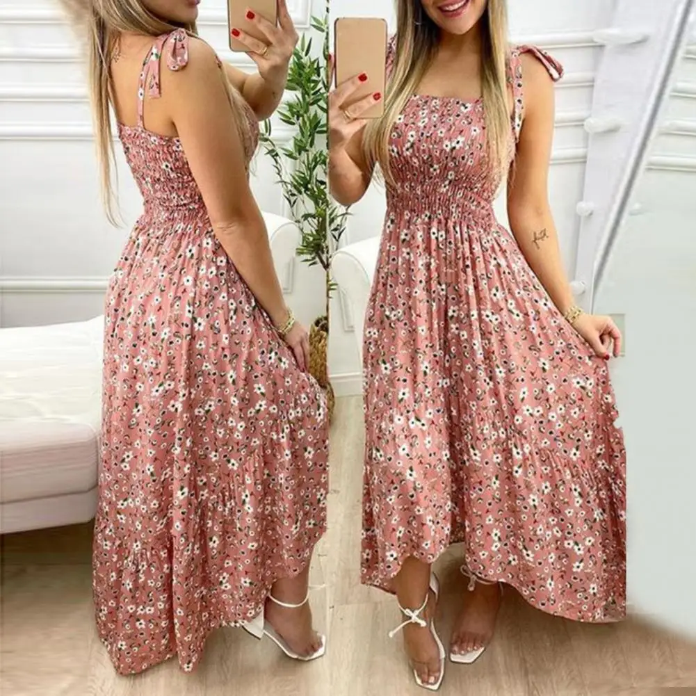 

Women Dress Floral Print Off Shoulder Boho Sling Low Cut Patchwork Dress for Party Summer Beach Party Sundress Sleeveless Dresse