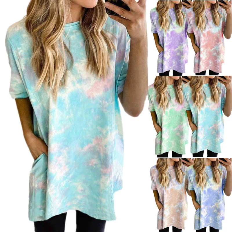 

European and American Hot Selling Women's Short Sleeve Loose Gradient Color Floral Printed Dress T Shirt Long Sleeve Shirt Women