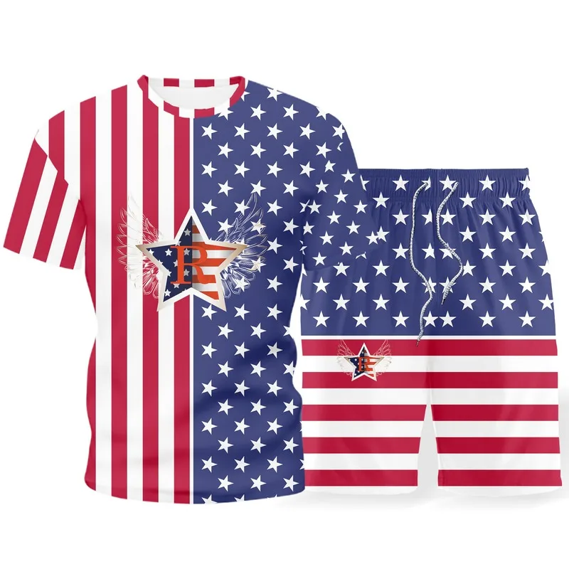 

2021 New Chic Men's Clothing Flag Printing Summer T-Shirts + Shorts Two Piece Set Can Be Recombined Tracksuit Men Tshirts Suit