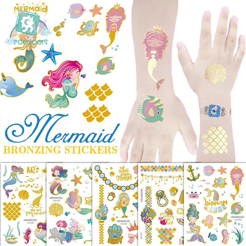 

5Sheets/Lot Mermaid Tattoo Set Child Temporary Tattoo Sticker Body Tatoo for Kids Cute Metallic Flash Gold Tattoo