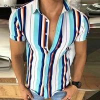 short sleeve casual shirt blusas sexy men clothing 2021 single breasted top streetwear plus size mens fashion stripes blouse