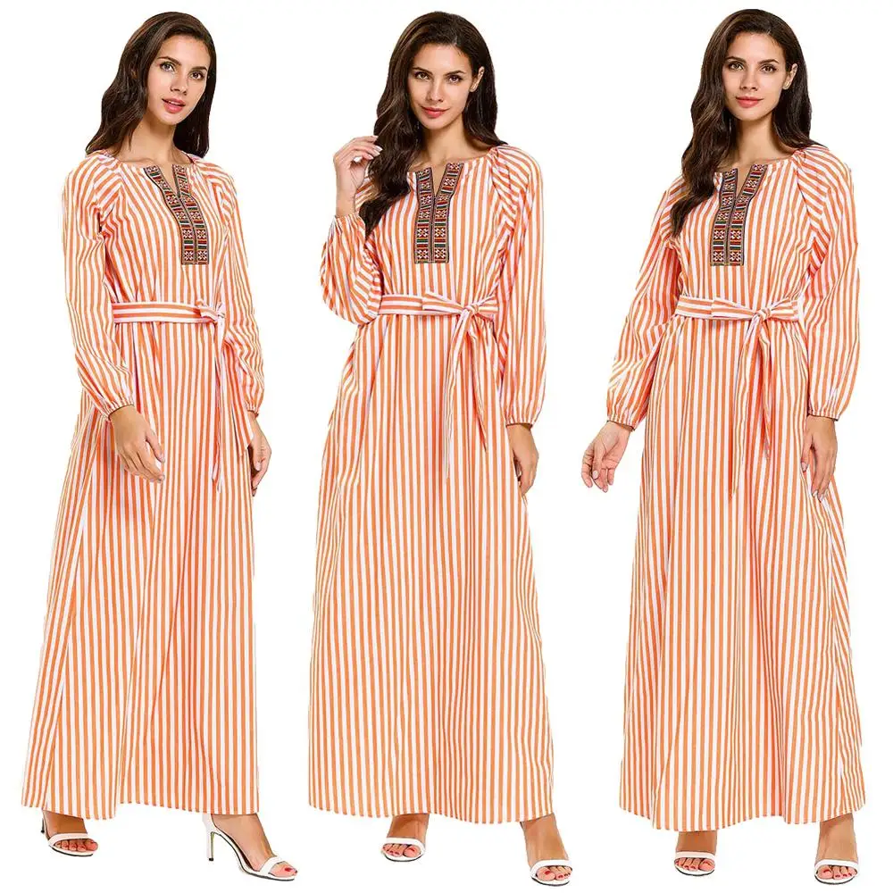 Модное женское длинное платье в полоску Дубай Абая мусульманское макси вечерние
