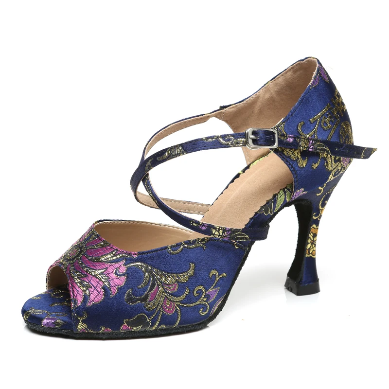 Girls Silk Latin Ballroom Dance Shoes for Women Black Blue Waltz Salsa Shoes for Dancing Kids Soft Botoom Latino Shoes for Woman