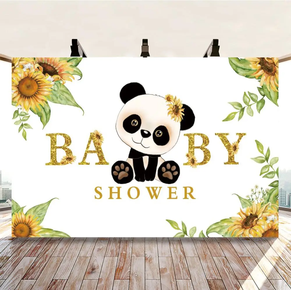 

Newborn Baby Shower Birthday Party Cute Panda Backdrop Photography Beautiful Golden Sunflower Background Decor Vinyl Photophone