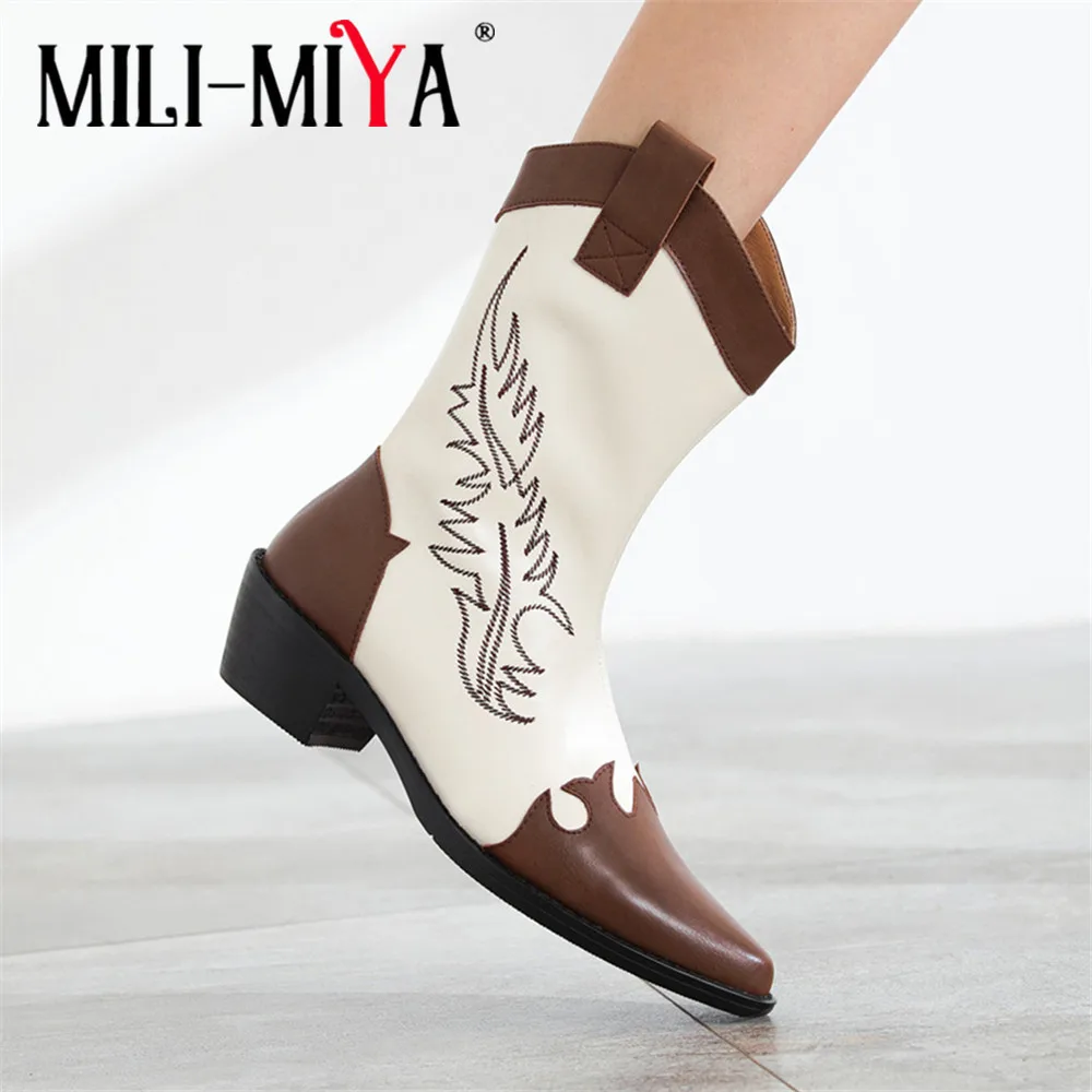 

MILI-MIYA Fashion Western Shoes Women Cow Leather Mid Calf Boots Sexy Pointed Toe Slip On Mixed Color Square Heels Handmade