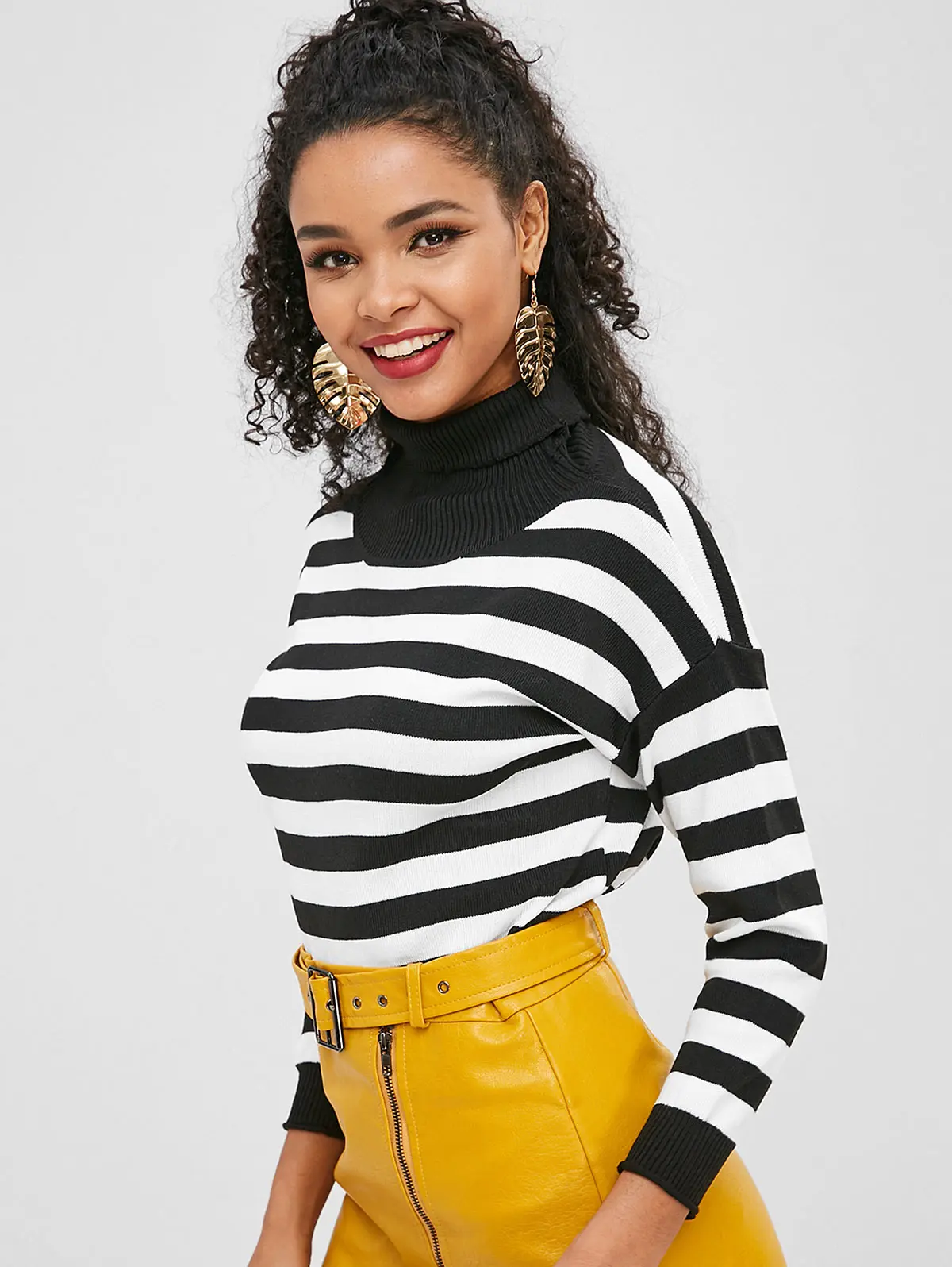 ZAFUL One size Roll Neck Stripe Casual Sweater Turtleneck Daily Polyacrylic Elastic well-dressed design Women's Pullovers | Женская