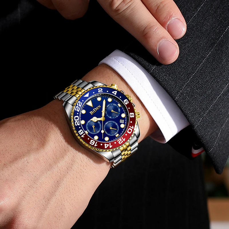 

BIDEN Men's Watch Luminous Waterproof Stainless Steel Bracelet Chronograph Simulating Perfect Quartz Movement Calendar