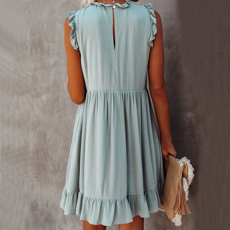 

Ruffle Sleeveless Tank Dresses Women O Neck Solid Color Casual Loose Dress Female Elegant Knee Length OL Commuting Daily Vestido