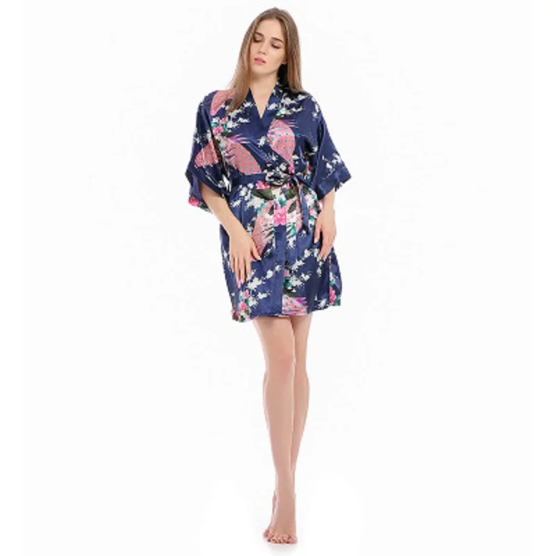 AECU2021 Spring New Ladies Silk Satin Thin Robe Comfort Fresh Style Floral Printed Sleepwear Sexy Nightgown Femme Satin Homewear
