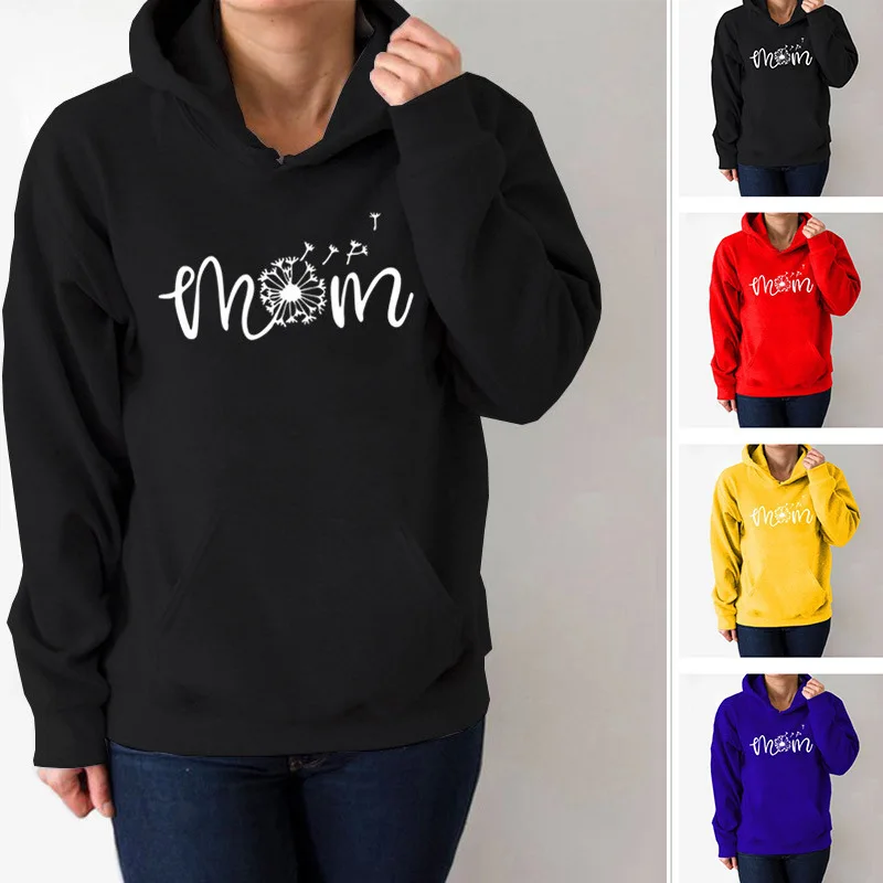 

Mom Letter Dandelion Printed Hoodies Women Fleece Long Sleeve Loose Sweatshirt with Hat Women Hoodie Pullovers Winter