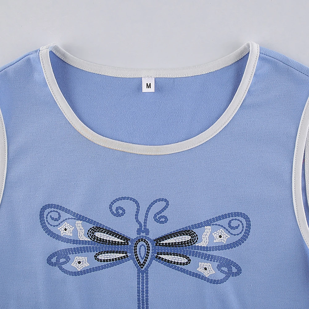 

Vintage Tops Y2K Kawaii Dragonfly Print Baby Blue Crop Tops Streetwear O-neck Sleeveless Tanks Summer Cute Outfits Women Slim