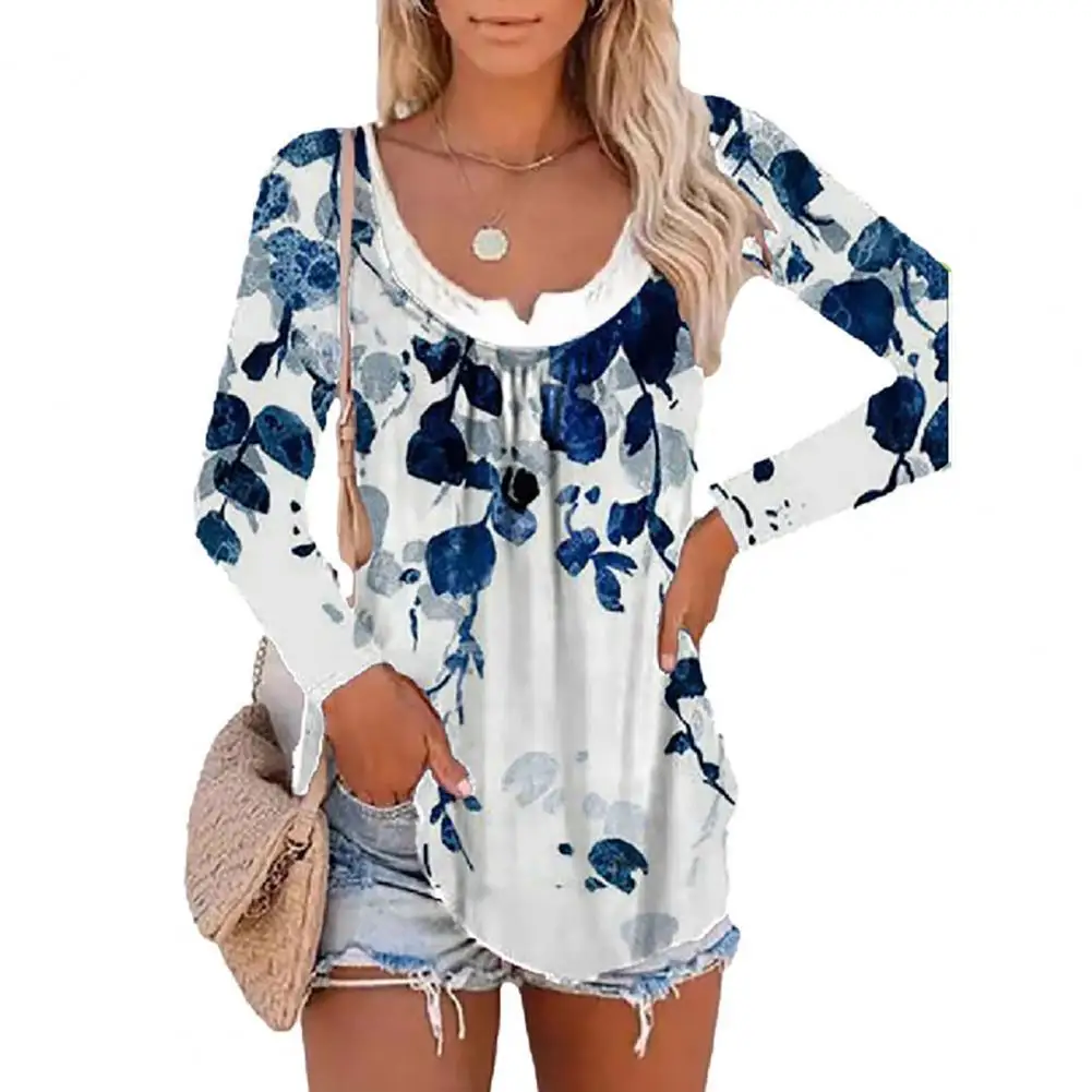 

Stylish Women Shirt Autumn Floral Print Fake Two Piece Colorful Round Neck Long Sleeve Female Blouse Streetwear for Office