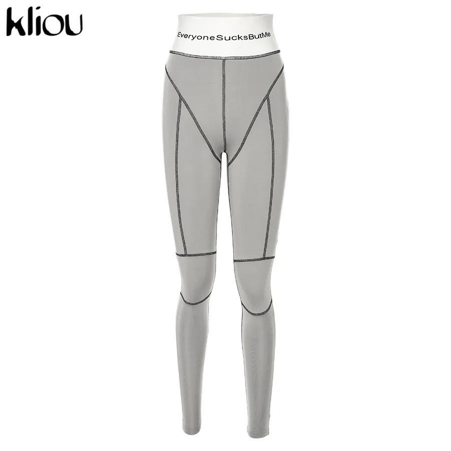 Kliou, леггинсы для фитнеса с высокой талией и буквенным принтом, осенне-зимние женские модные Лоскутные Полосатые уличные спортивные обтягивающие штаны