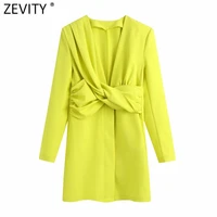 zevity 2021 women sexy deep v neck knotted solid color mini shirt dress chic office lady pleats casual suit style vestido ds8571