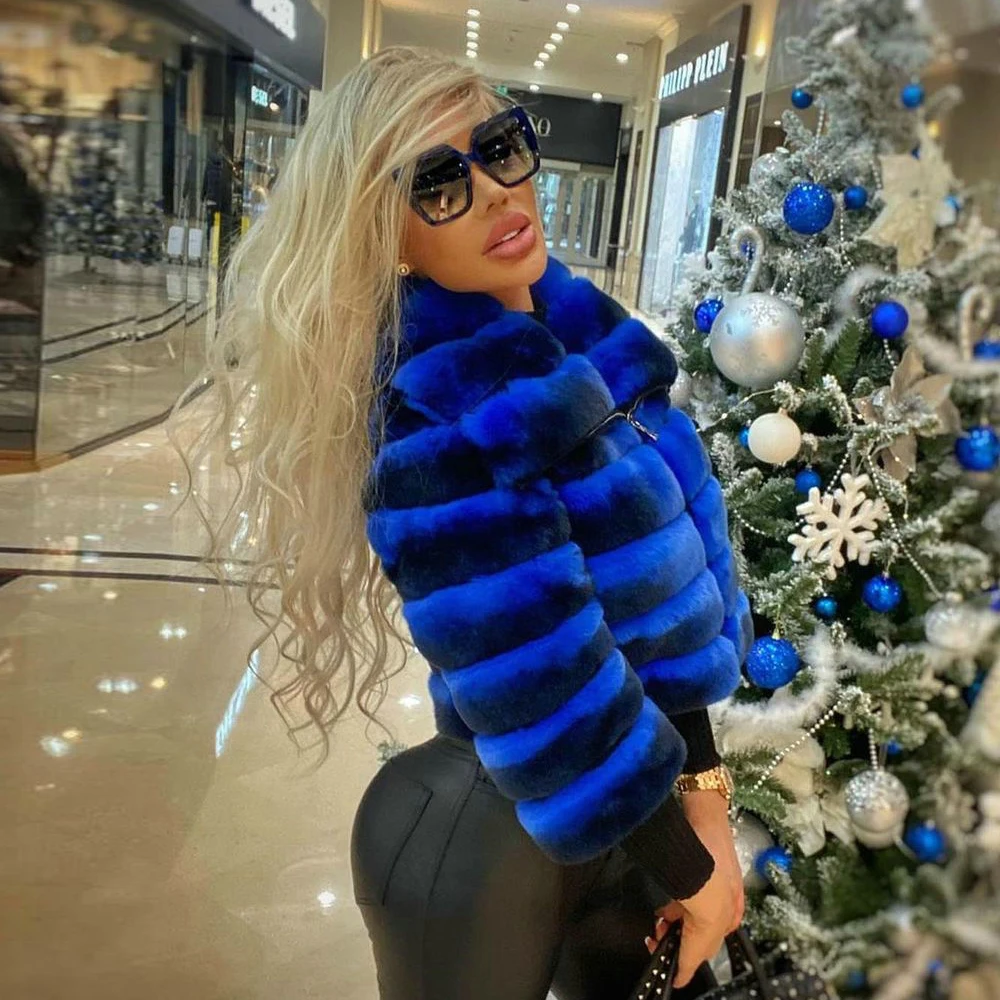 Fashion Short Real Rex Rabbit Fur Jacket with Big Lapel Collar Woman Winter New Royal Blue Genuine Rex Rabbit Fur Coat Outwear