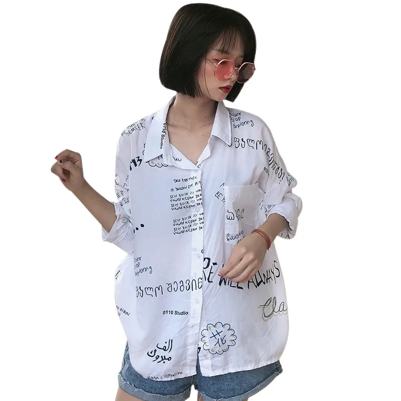 Модная женская блузка с рисунком граффити уличная свободная хлопковая рубашка