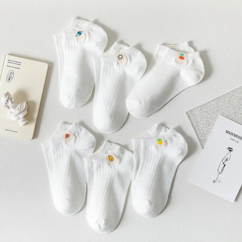 

White Fruit Print Boat Socks Female Shallow Mouth Low Cut Ins Wind Cute Forest Girl Spring Summer Thin Breathable Cotton Socks