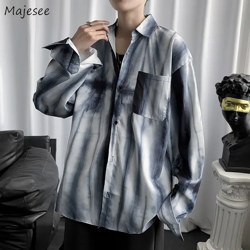 

Harajuku Long Sleeve Shirts Men Large Size 3XL Spring Tie Dye Loose All Match Handsome Outerwear Male High Street Social Daily