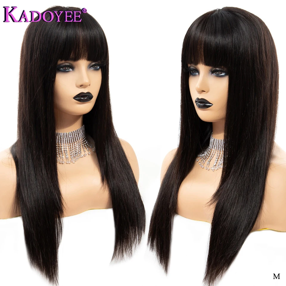 

KADOYEE Human Hair Wig With Bangs Brazilian Remy Hair Straight Full Machine Made Wig Cheap Long Hair Wig Natural Color For Women