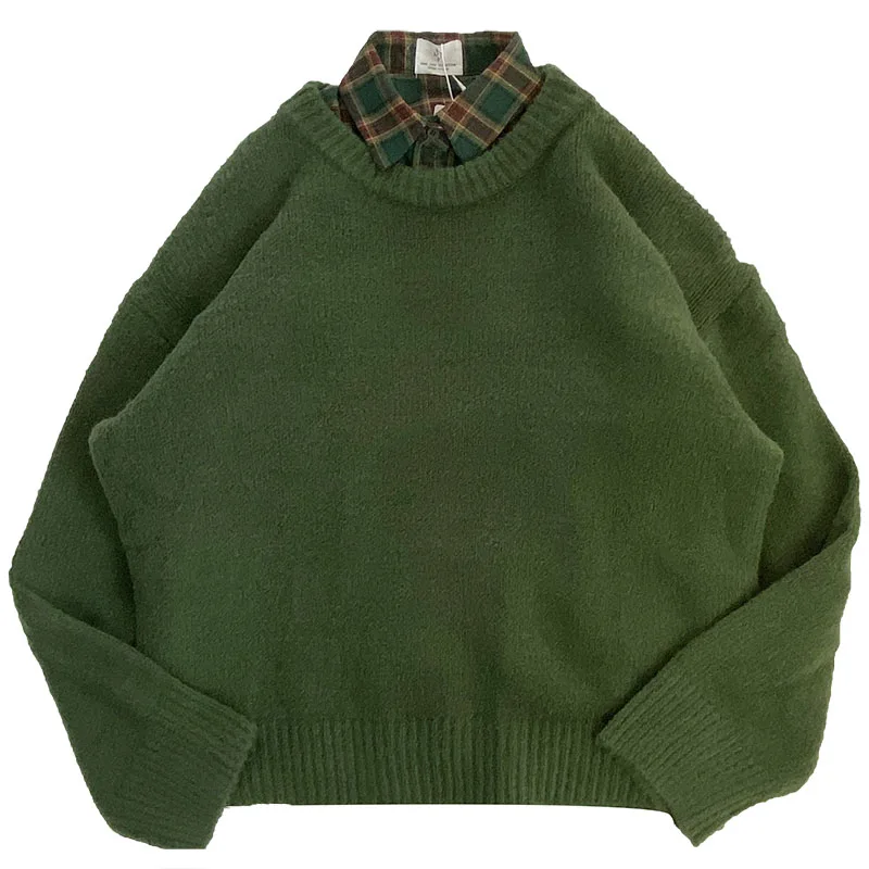 

Retro white dark green turtleneck sweater color green lattice loose long sleeve shirt