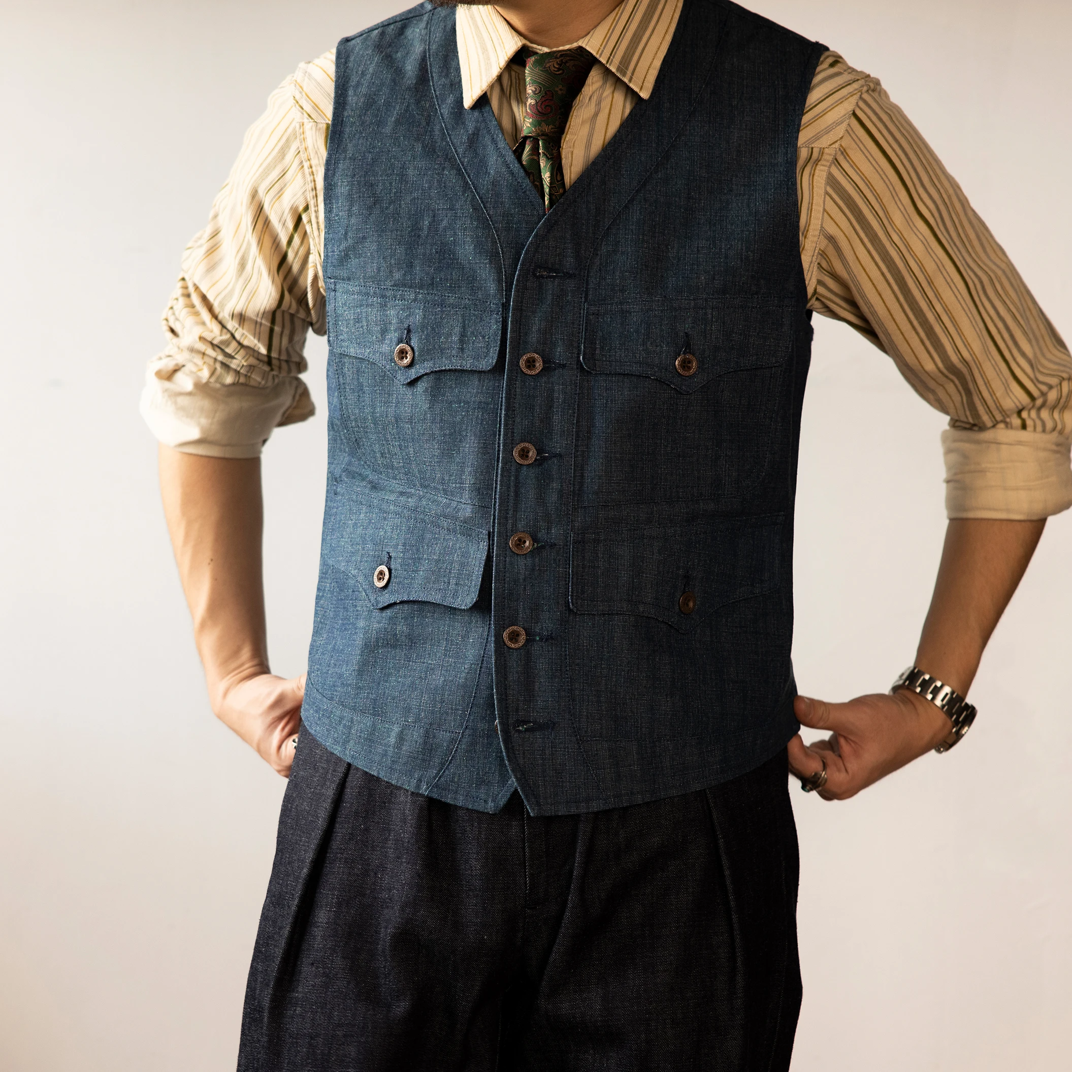 

MJ-0013 Red Tornado Asian Size Vintage Looking 100% Cotton Waistcoat Mens Casual Thick Stylish 8oz Raw Denim Vest