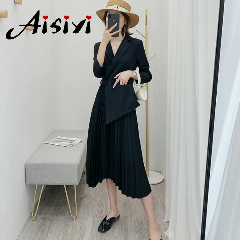 Женское винтажное плиссированное платье блейзер элегантное офисное с длинным