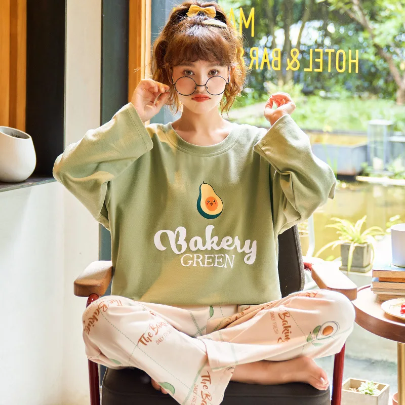 

Cartoon Print Pijamas Blue Casual Loose Girl Home Clothes Autumn Cotton Sleepwear For Women Cute Blue Doll Collar Women's Pyjama