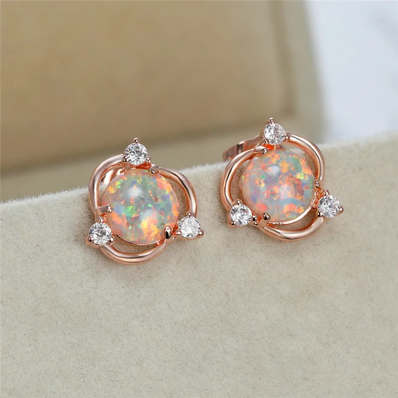 

Cute Female White Opal Stone Earrings Small Round Zirconia Stud Earrings For Women Dainty Bridal Wedding Earrings
