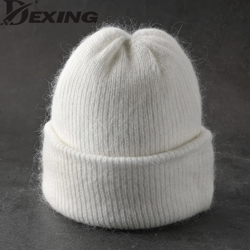 

Woman Angola Rabbit Fur Knitted Hat For Women Winter Beanies Hat Female Girl Fasion Solid Bonnet Thick Warm Soft Skullies Cap