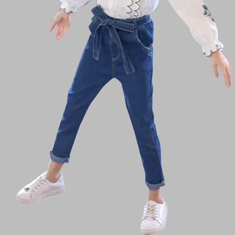 Джинсы для девочек модные джинсы с бантом на поясе детские высокой талией