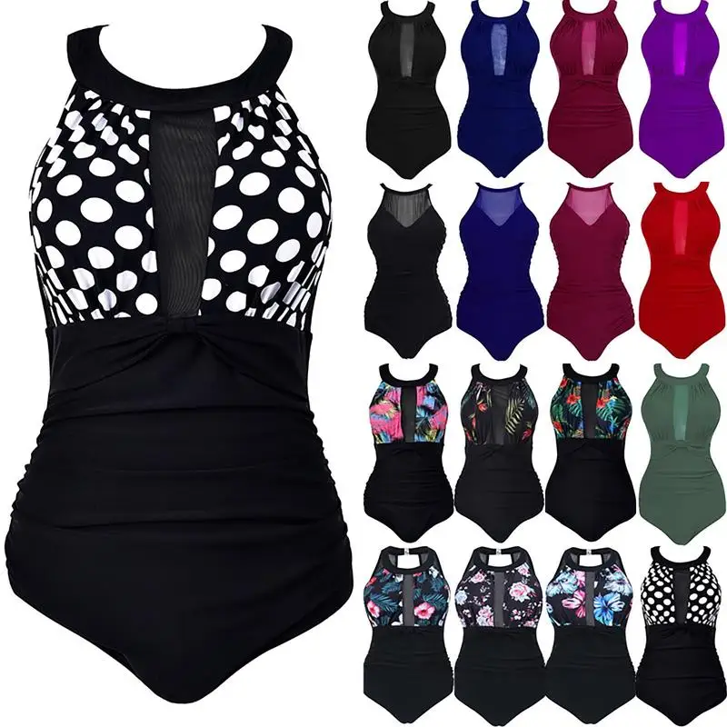 

Women's Swimwear One Piece Mesh Patchwork Solid Color Halter Swimsuit Swimming Body Suit Plus Size