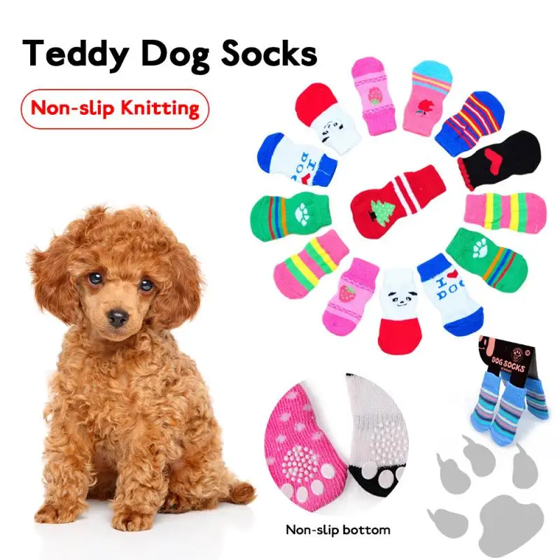

4Pcs Warm Puppy Shoes Soft Breathable Pet Knits Socks Cute Cartoon Anti Slip Skid Socks For Small Dogs Pet Products S/M/L/XL
