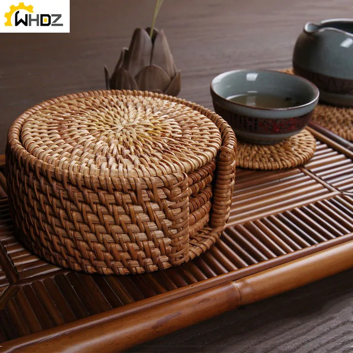 6Pcs/ Drink Coasters Set For Kungfu Tea Accessories Round Tableware Placemat Dish Mat Rattan Weave Cup Mat Pad Diameter 8Cm