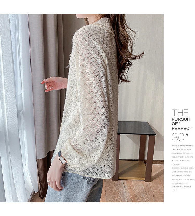 

Houthion Women's Blouse Chiffon Top Casual Fashion New 2021 Pure Color Stitching Lace Ship Long Sleeve Doll Collar Shirt Korean