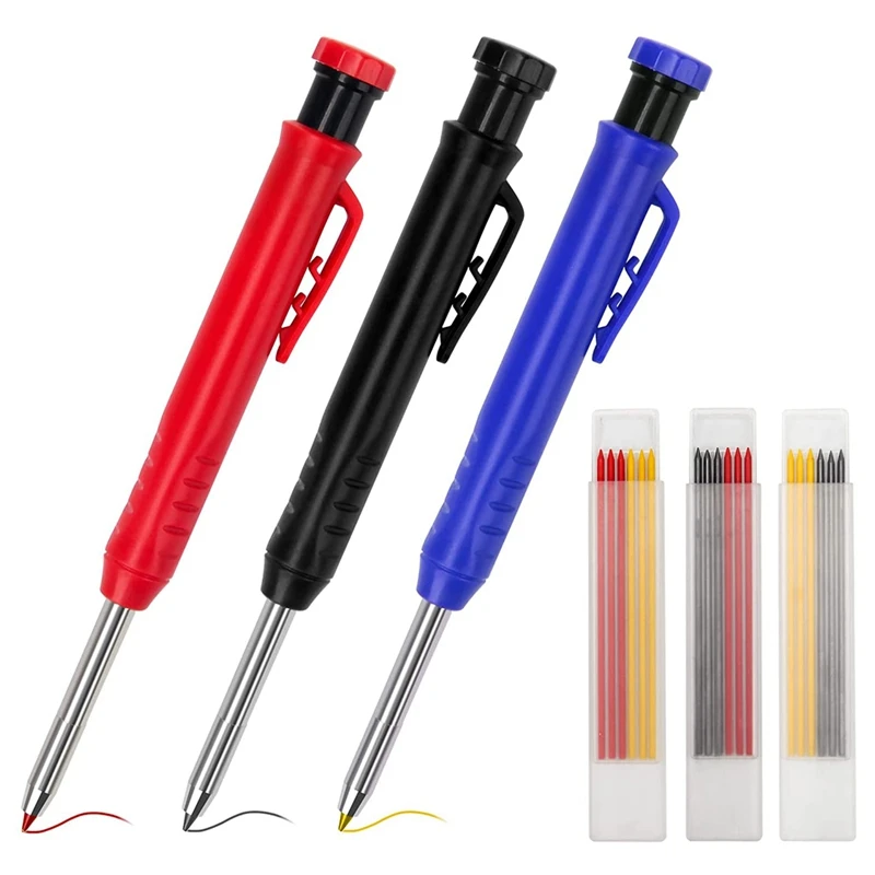 

3Pcs Solid Carpenter Pencil,with 18 Refills Built-in Sharpener Construction Pencils for Carpentry Architect Drawing