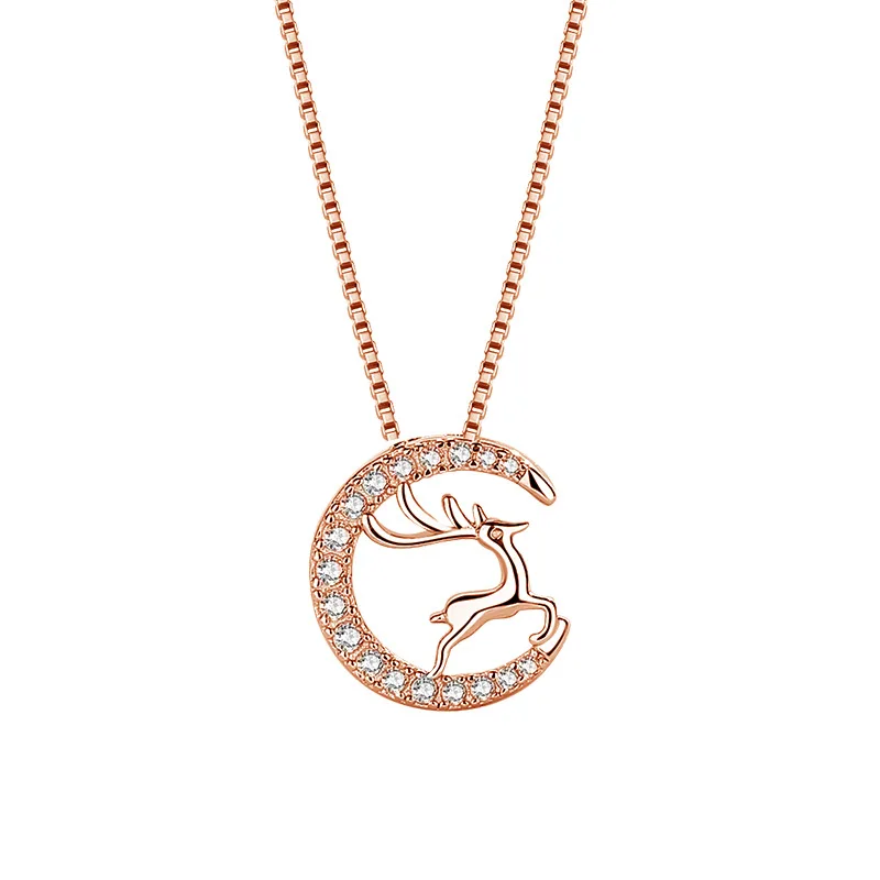 

CEC2 Fawn Sterling Silver Necklace Female All the Way with You Sen Clavicle Chain Rose Gold Full Diamond Elk Pendant