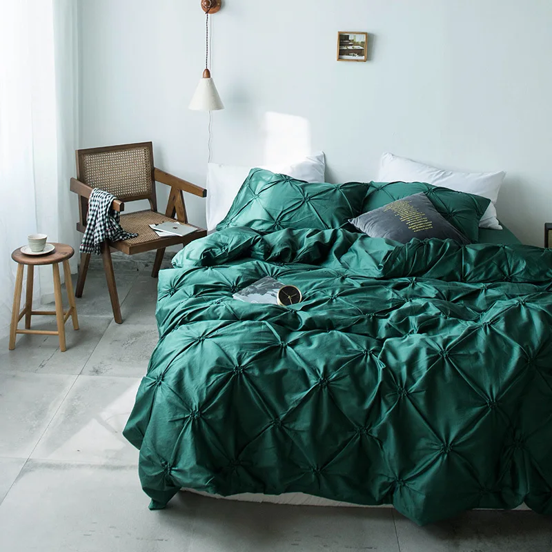 

100%Cotton 4Pcs Queen King size Bedding set Solid White Blue Pink Pinch Pleated Duvet Cover Flat Bed sheet set Pillow shams