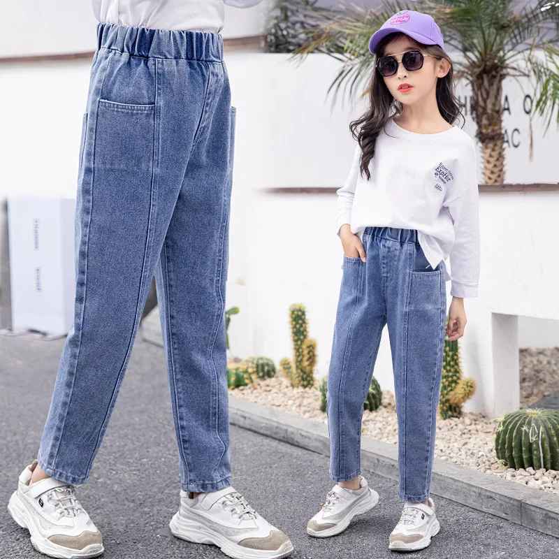 

Girls' jeans, children's pants, 2021 spring pants, solid color stitching casual trousers