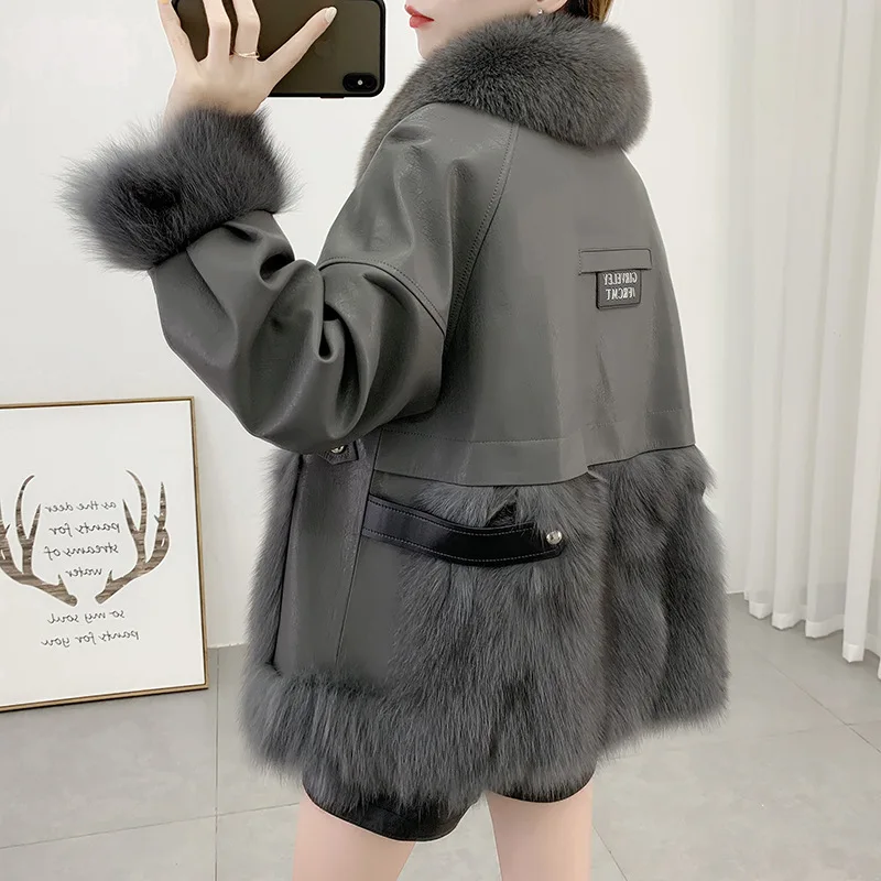 2021 New Fashion Fur Coat Women Winter Warm Fox Fur Collar Natural Sheep Fur Jacket Lady Patchwork Overcoats Luxury Winterwear enlarge
