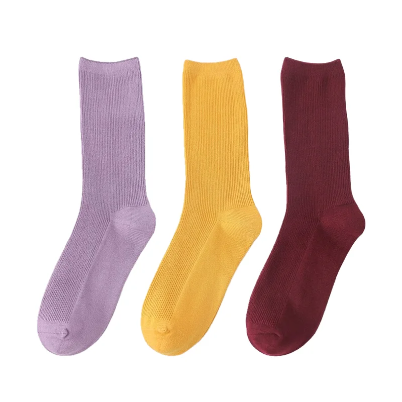

3 Piars/ Lot Women Socks Candy Color Solid Brief Crew Fashion Socks Comfortable Elastic Cotton Casual Long Socks Classic Style