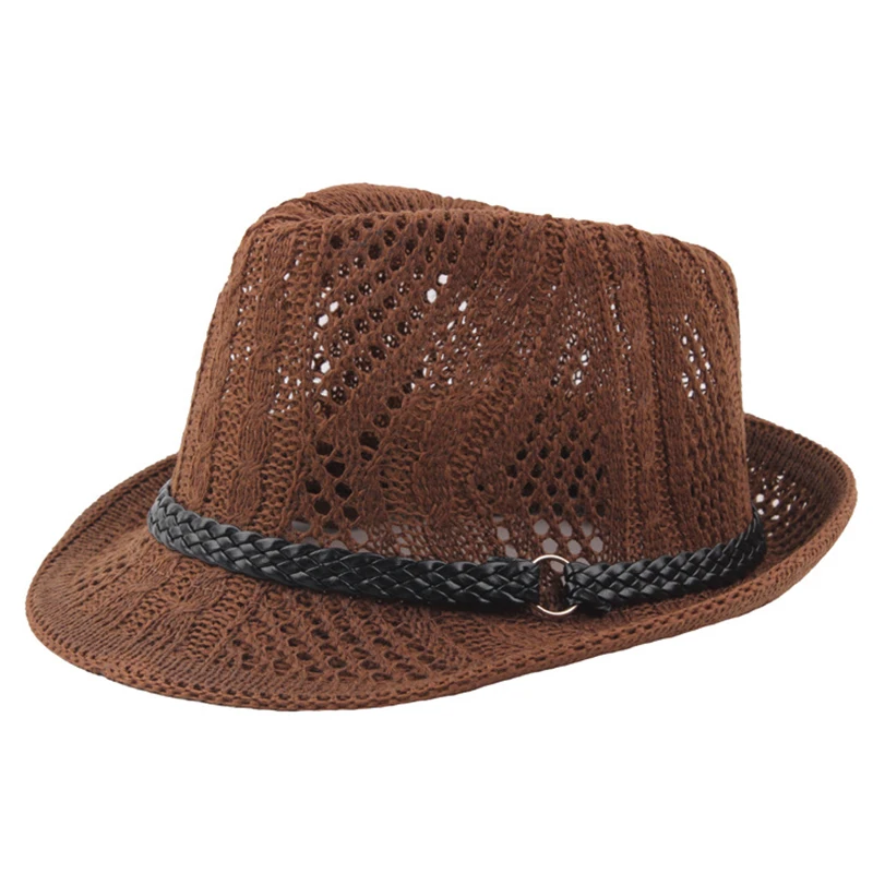 

Men Black Brown Fedoras Male Mesh Breathable Curled Jazz Hat Leather Belt Spring Summer Hollow-out Fashion Cowboy Panama Hats