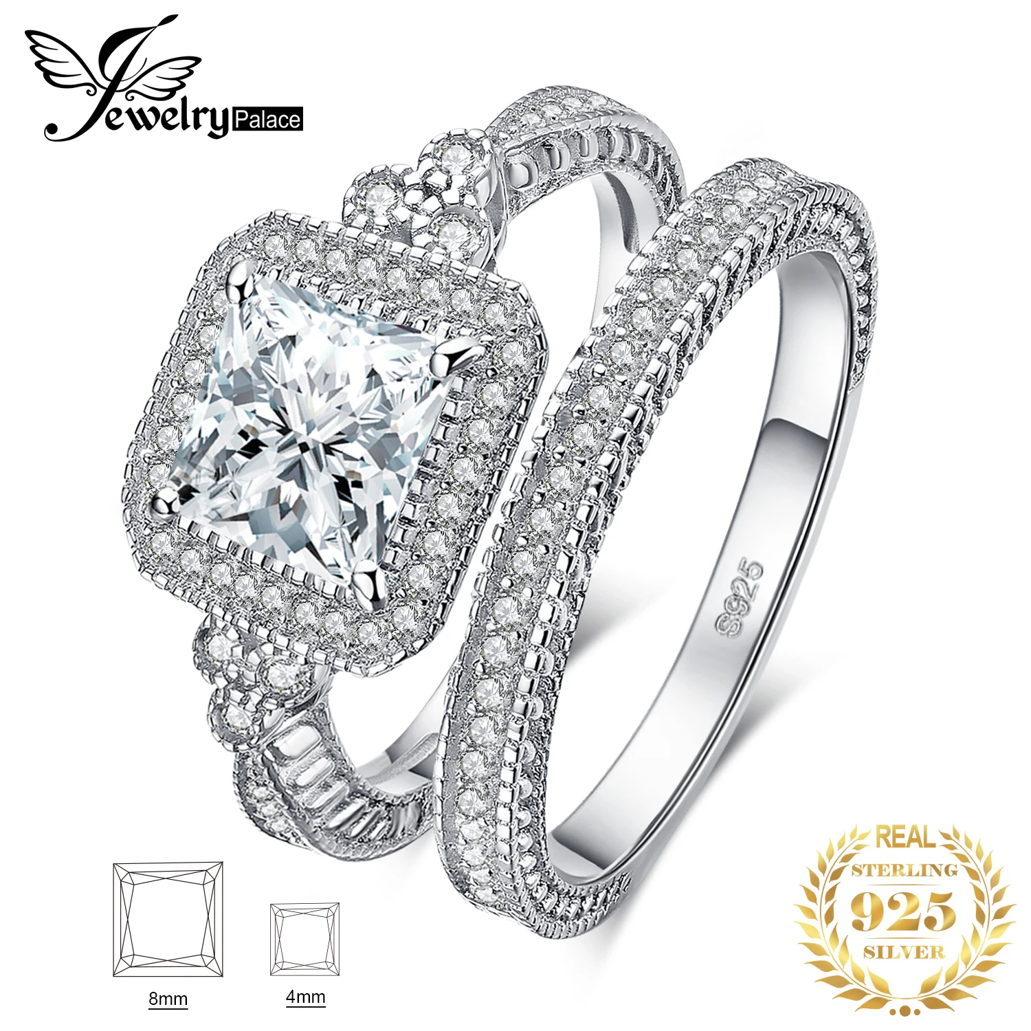 JewelryPalace 2 Pcs Wedding Ring for Women 925 Sterling Silver Engagement Ring AAAAA CZ Simulated Diamond Luxury Bridal Sets