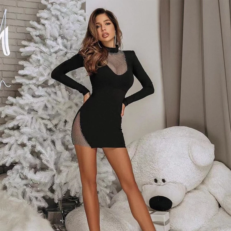 

Free Shipping Wholesale Women Black Stretch Knit Long Sleeve Rhinestone V-Neck Sexy Celebrity Cocktail Party Bandage Dress