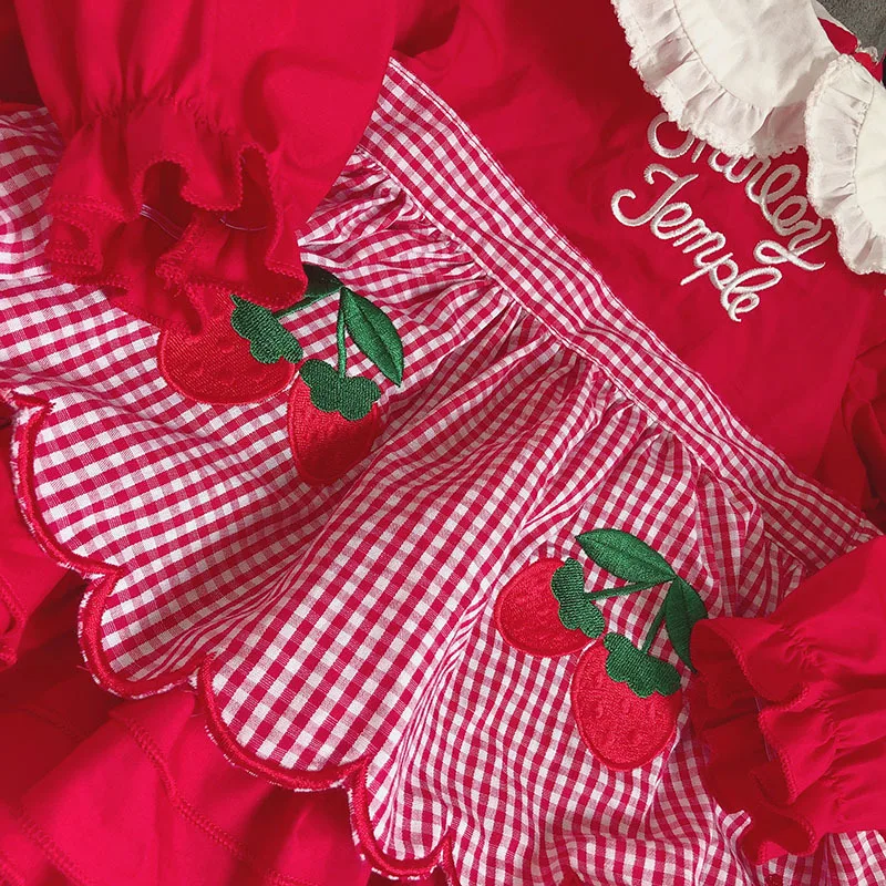 Японское осеннее платье в клетку из двух предметов с клубникой для девочек; простое модное платье подружки невесты; рождественское платье с красным отворотом для малышей